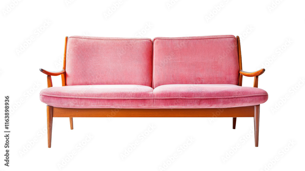 Pink sofa with wooden legs and armrests, stylish design Pink sofa with wooden legs and armrests, stylish design