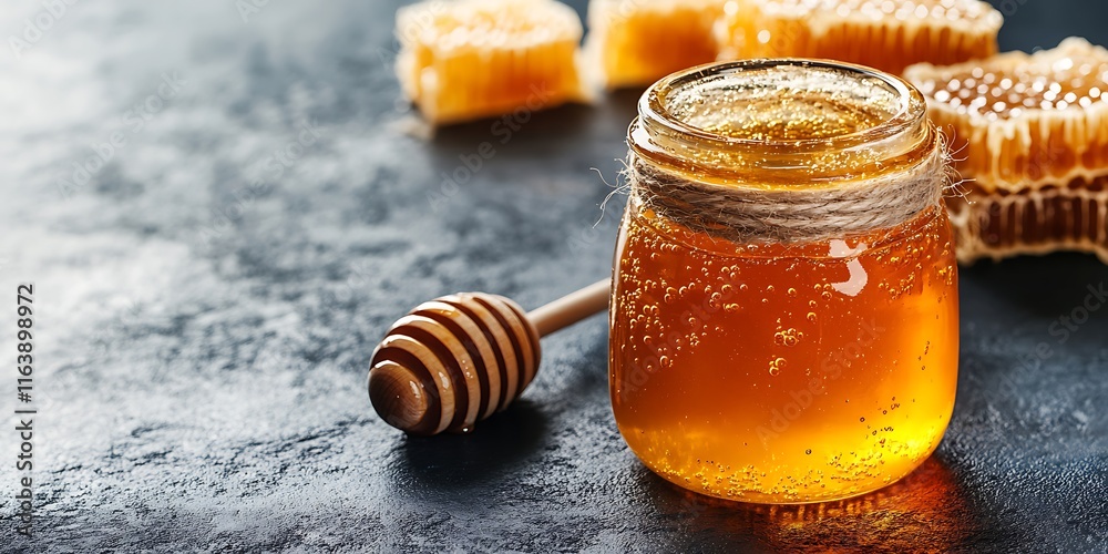 A jar of organic honey on the table against a background of blooming flowers, natural products, bowl, sweet, yellow, golden, apiary, farm, honey A jar of organic honey on the table against a background of blooming flowers, natural products, bowl, sweet, yellow, golden, apiary, farm, honey