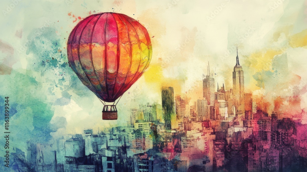 Obraz premium Colorful Hot Air Balloon over Cityscape Art