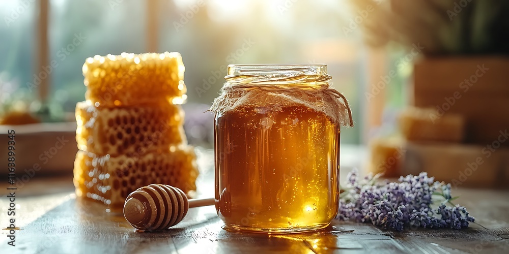 A jar of organic honey on the table against a background of blooming flowers, natural products, bowl, sweet, yellow, golden, apiary, farm, honey A jar of organic honey on the table against a background of blooming flowers, natural products, bowl, sweet, yellow, golden, apiary, farm, honey