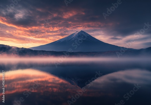 A stunning view of Mount Fuji with vibrant red leaves, reflecting on the calm waters at sunrise. The focus is on the majestic mountain in the background.  photo