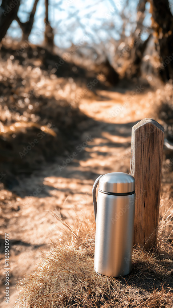 Minimalist thermos placed beside a wooden post on a sunlit pathway in nature Minimalist thermos placed beside a wooden post on a sunlit pathway in nature