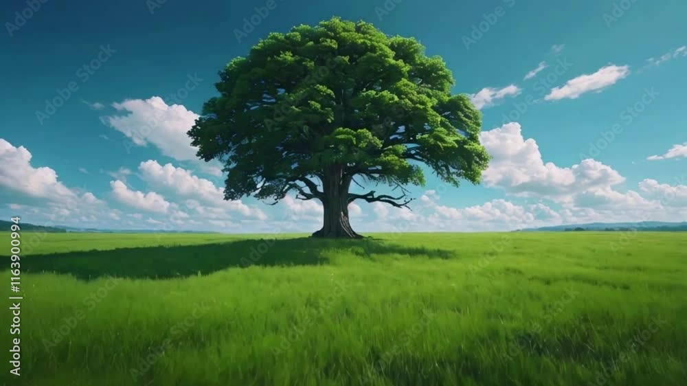 A lone, majestic tree tall center sprawling green field. sky is clear wispy clouds, vastness landscape, Japanese anime-style 4k lofi hip-hop bites landscape music background animation video A lone, majestic tree tall center sprawling green field. sky is clear wispy clouds, vastness landscape, Japanese anime-style 4k lofi hip-hop bites landscape music background animation video
