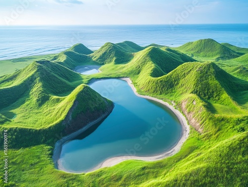 Aerial view of a beautiful tropical beach with turquoise water and lush green hills on the island of Lobok in Nang Withouttrop, Javanese archipelago. The landscape is a nature panorama background photo