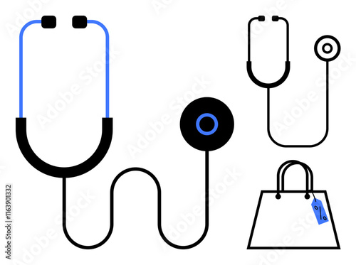 Stethoscope in two positions makes healthcare theme prominent. Shopping bag with price tag introduces commerce element. Ideal for medical services, retail, health, diagnostics, shopping, cost-benefit