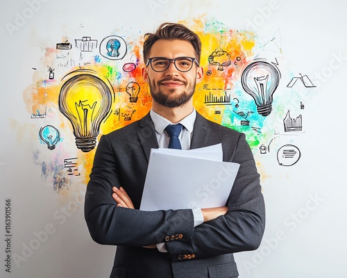 Businessman in a suit holding papers, with colorful sketches of a light bulb and business icons on a white background, concept of creative thinking and planning photo