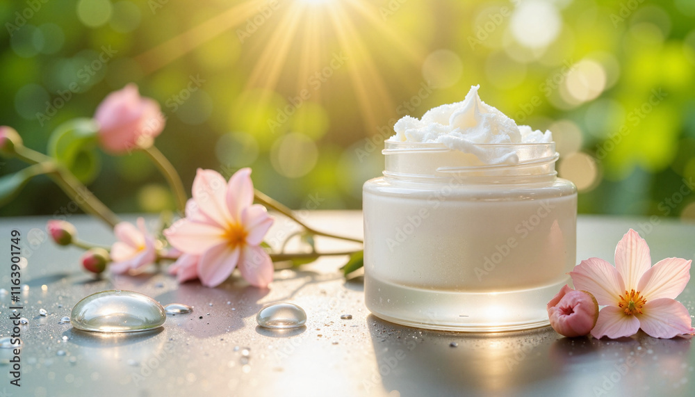 Cream jar with flowers in a natural sunlight setting Cream jar with flowers in a natural sunlight setting