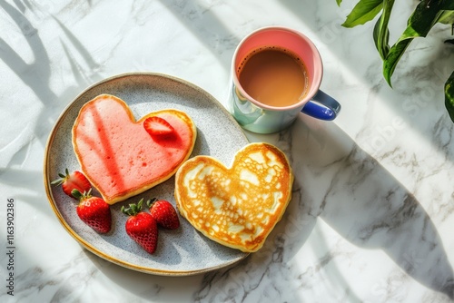 Valentine’s Day breakfast with heart-shaped pancakes, strawberries, and coffee served on a bright morning photo