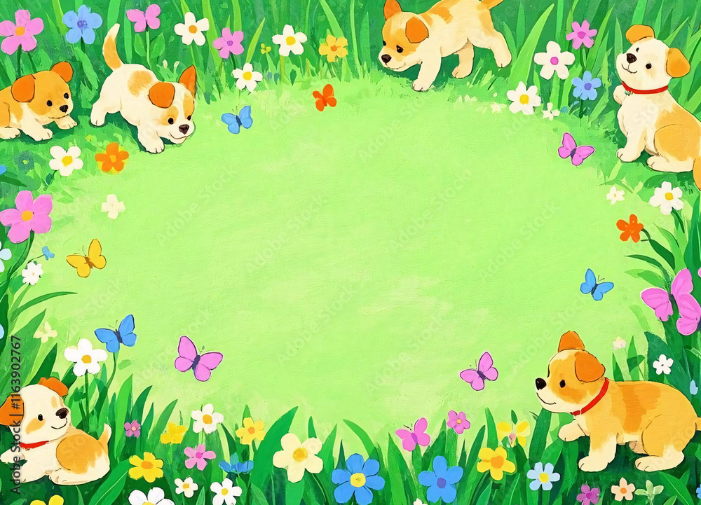 Fototapeta premium 강아지와 꽃밭 / Puppies in a Flower Field