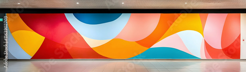 Bright and abstract colorful mural covering a wall in an empty room  -