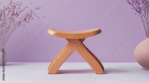 Simple wooden stool on purple background with dried flowers.