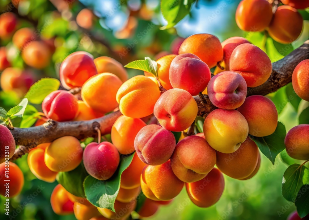 Macro Photography: Ripe Apricots on Branch, Summer Fruit Detail Macro Photography: Ripe Apricots on Branch, Summer Fruit Detail