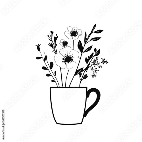 Cute flowers and leaves in coffee cup.Abstract flowers one line vector drawing. Portrait minimalist style. Botanical print. Nature symbol of cosmetics.