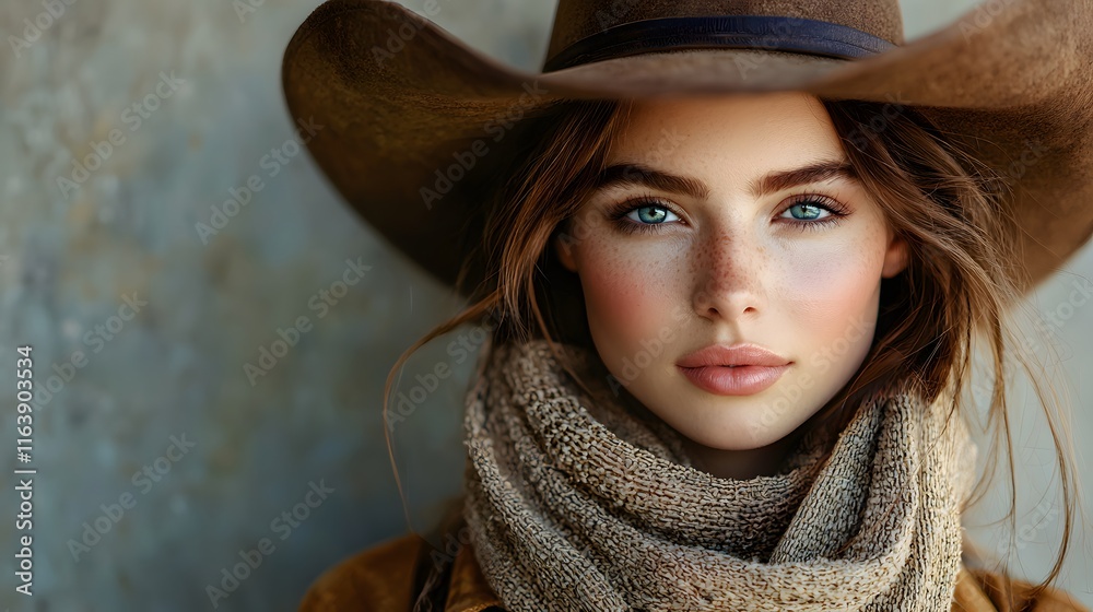 Woman in Cowboy Hat and Scarf Exuding Rustic Charm and Western Spirit in a Natural Outdoor Setting Evoking Adventure and Freedom in the Wild Woman in Cowboy Hat and Scarf Exuding Rustic Charm and Western Spirit in a Natural Outdoor Setting Evoking Adventure and Freedom in the Wild