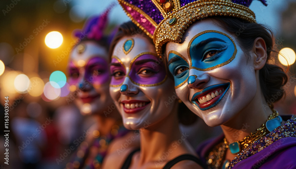 Smiling women in colorful masks at a festive celebration Smiling women in colorful masks at a festive celebration