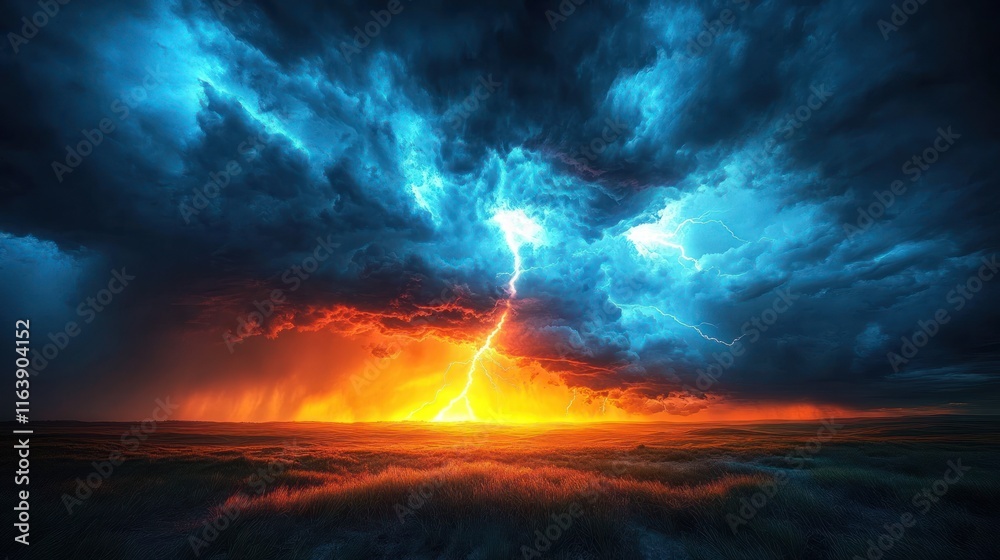 Fototapeta premium Fierce lightning storm over a flat landscape at sunset.