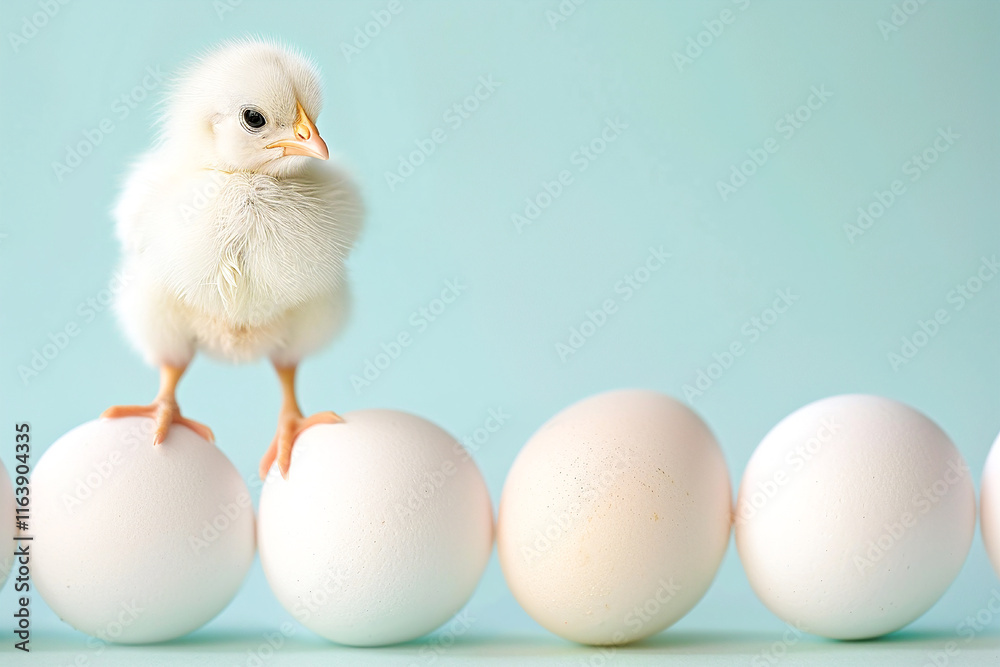 A newborn chick next to eggs, representing innocence and the start of a new life cycle. A newborn chick next to eggs, representing innocence and the start of a new life cycle.