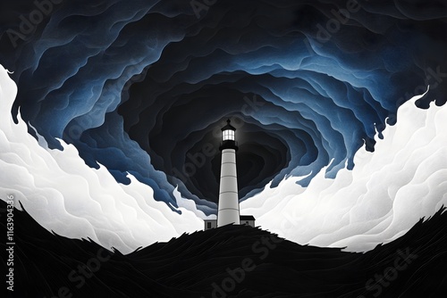 A towering lighthouse standing strong amid a fierce storm, radiating light and symbolizing unwavering hope and guidance in turmoil.