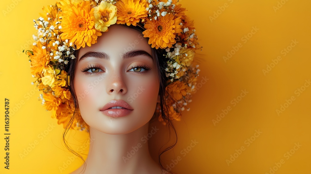 Enchanting Woman Adorned with Vibrant Flowers in Her Hair Radiating Joy and Natural Beauty Surrounded by Lush Greenery and Soft Sunlit Atmosphere Enchanting Woman Adorned with Vibrant Flowers in Her Hair Radiating Joy and Natural Beauty Surrounded by Lush Greenery and Soft Sunlit Atmosphere
