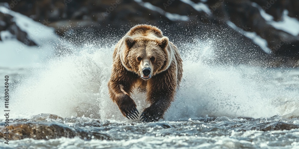 A powerful bear charging toward the camera, showcasing its predatory nature. A powerful bear charging toward the camera, showcasing its predatory nature.