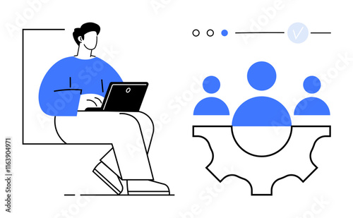 Man working on laptop next to gear with group members icons. Ideal for remote work, teamwork, productivity, tech solutions, office culture, project management, and digital collaboration. Line