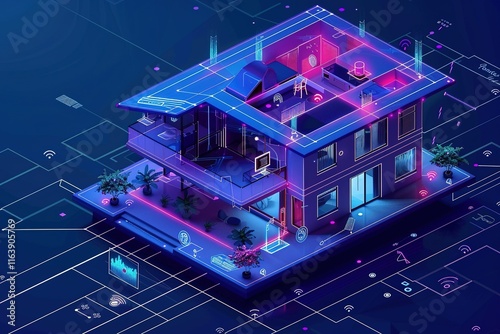 Smart home hi tech, mechanical technology of interface with 3d plan spaceand internet of things or IOT connected objects. Control safety and automation of smart house.  photo