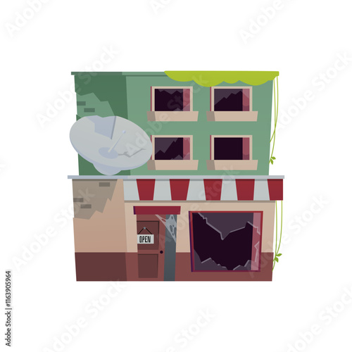 Illustration of abandoned old two-story building with broken windows and overgrown with grass.