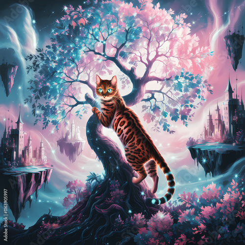 Magical Bengal cat with glowing patterns exploring enchanted tree in fantasy landscape