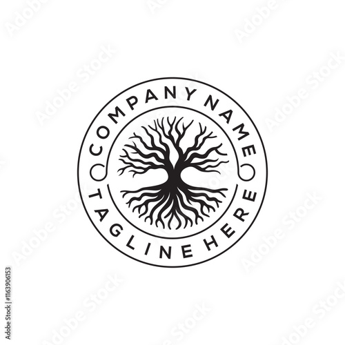 branch tree root banyan stamp seal emblem label logo design vector template