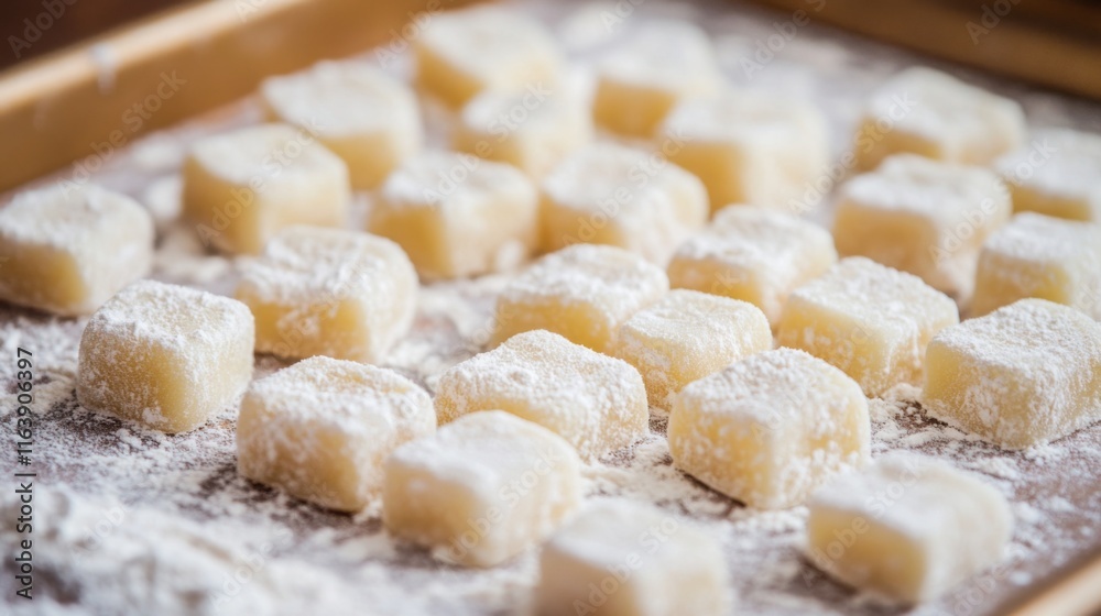 Freshly prepared gnocchi is laid out on a wooden surface, lightly dusted with flour, ready to be cooked. The delicate pasta shows the artistry behind this beloved Italian dish. Freshly prepared gnocchi is laid out on a wooden surface, lightly dusted with flour, ready to be cooked. The delicate pasta shows the artistry behind this beloved Italian dish.