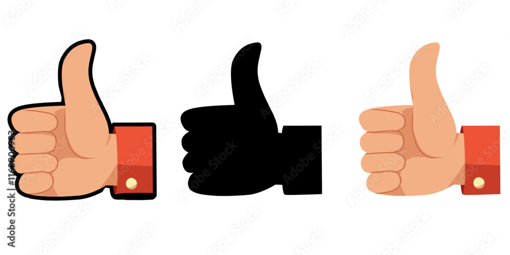 Vector illustration of thumbs up icons in two styles, full-color and silhouette. Perfect for approval, agreement, positive feedback, and communication design projects. Vector illustration of thumbs up icons in two styles, full-color and silhouette. Perfect for approval, agreement, positive feedback, and communication design projects.