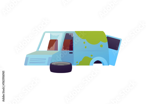Vector illustration of an old, rusty, wheelless car with broken windows and a door.