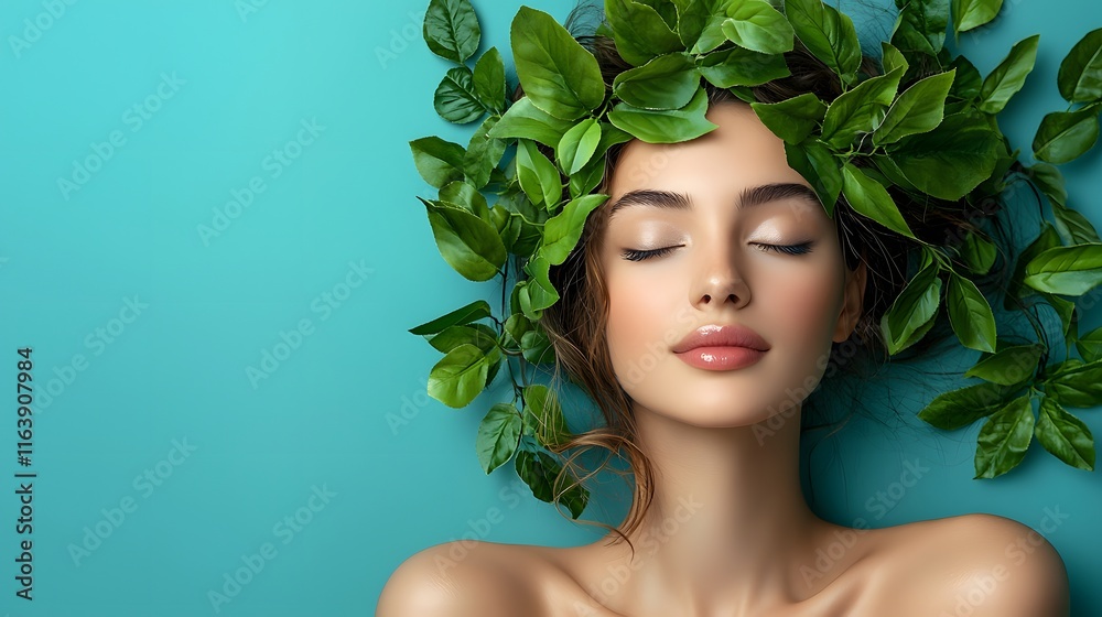 Woman Adorned with Lush Green Leaves on Her Head Symbolizing Nature's Beauty and Connection to Earth in a Serene and Enchanting Forest Setting Woman Adorned with Lush Green Leaves on Her Head Symbolizing Nature's Beauty and Connection to Earth in a Serene and Enchanting Forest Setting