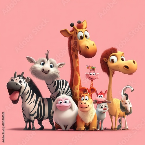 Adorable Cartoon Animals Group Pink Background