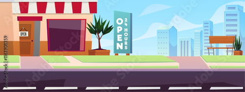 Vector illustration of a city deserted street with a shop, signboard, bench and road.