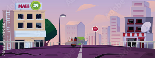 Vector illustration of a destroyed cityscape with abandoned houses, a car and a cracked road.