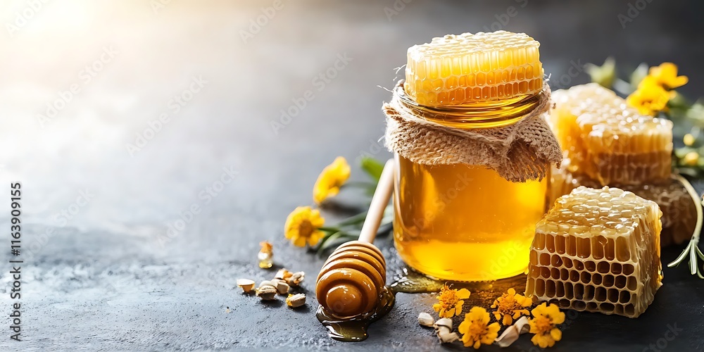 Jar of honey with honeycomb Jar of honey with honeycomb