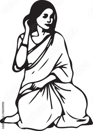 A woman sitting on the ground combing her hair, silhouette line art vector illustration on white background