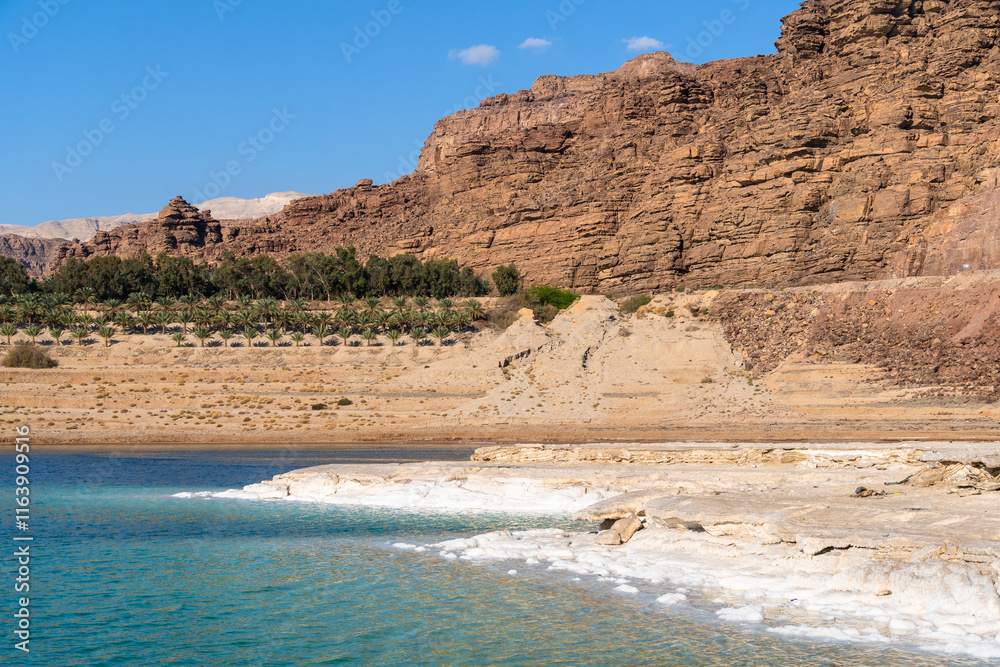 Dead Sea, Jordan: View of the salty shores of the dead sea in Jordan, the lowest point on earth.