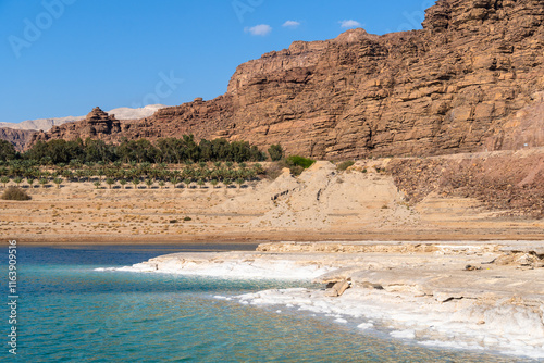 Dead Sea, Jordan: View of the salty shores of the dead sea in Jordan, the lowest point on earth.