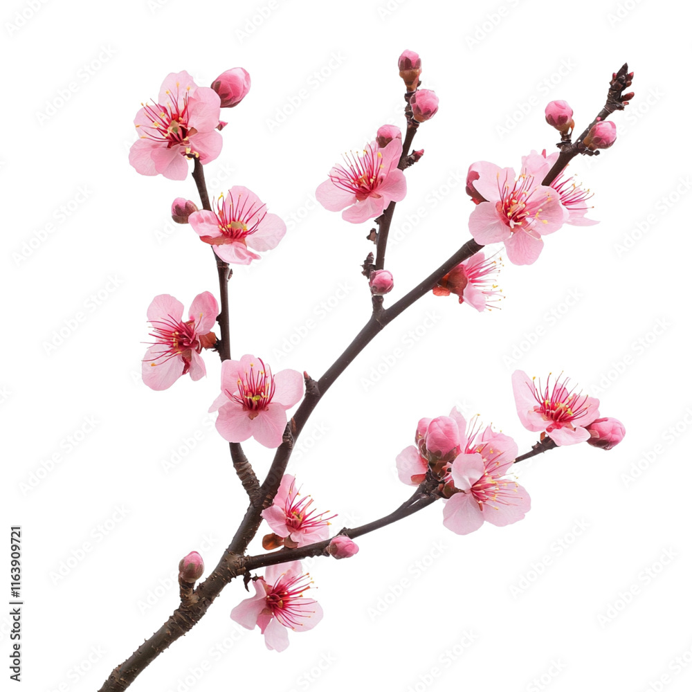 Fototapeta premium Plum Blossom Branch with Pink Flowers and Buds, Isolated on Transparent Background, Elegant Floral Element and Symbol of Beauty, Growth, and Prosperity, Generative AI