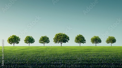 Lush Green Field with a Row of Majestic Trees Under a Clear Blue Sky Creating a Peaceful and Tranquil Natural Scenic Environment in Rural Landscape photo