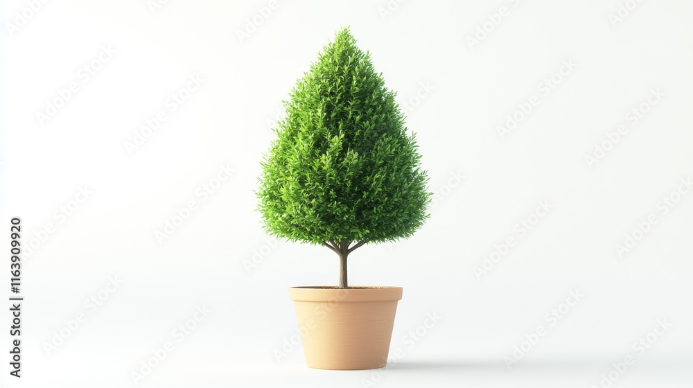Cheerful 3D Cartoon Evergreen Tree in Pot Signifying Environmental Care and Sustainability on White Background Cheerful 3D Cartoon Evergreen Tree in Pot Signifying Environmental Care and Sustainability on White Background