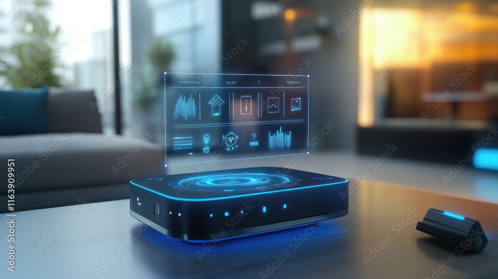 Smart home control device on a coffee table displaying a holographic interface showing various home automation functions in a modern living room. Smart home control device on a coffee table displaying a holographic interface showing various home automation functions in a modern living room.