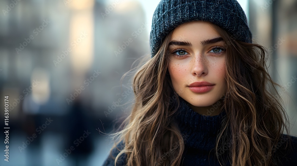 Contemplative Woman with Long Hair Wearing a Cozy Beanie Stands in a Natural Setting Evoking Warmth Style and Comfort in a Crisp Outdoor Environment Contemplative Woman with Long Hair Wearing a Cozy Beanie Stands in a Natural Setting Evoking Warmth Style and Comfort in a Crisp Outdoor Environment
