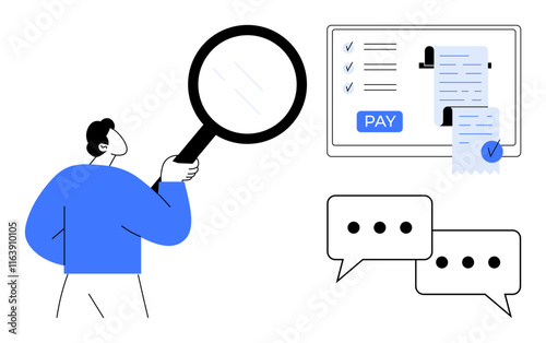 Person holding magnifying glass inspecting online billing screen and conversation chat bubbles. Ideal for financial review, online payment, customer service, communication, digital auditing, invoice