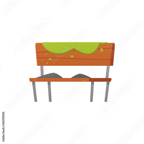 Vector illustration of old abandoned wooden bench isolated on background.