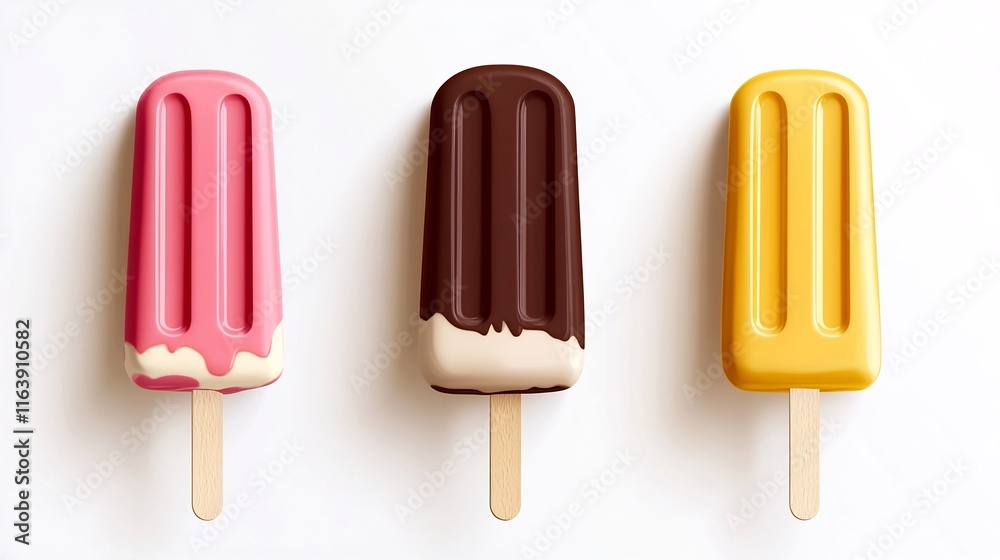 Variety of Colorful Artisanal Ice Cream Popsicles on Wooden Stick Cool Refreshing Frozen Treats