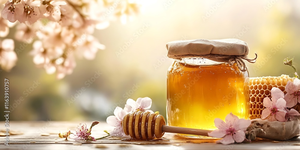 Jar of honey with honeycomb Jar of honey with honeycomb