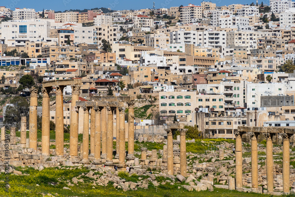 Jerash, Jordan: The ancient Greco-Roman city of Gerasa famous for temples, amphitheater and columns in Jordan in the Middle East.